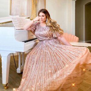 Mac Duggal 4913 Short Sleeve Ombre Sequined Evening Gown Size 14 Rose Pink NWT